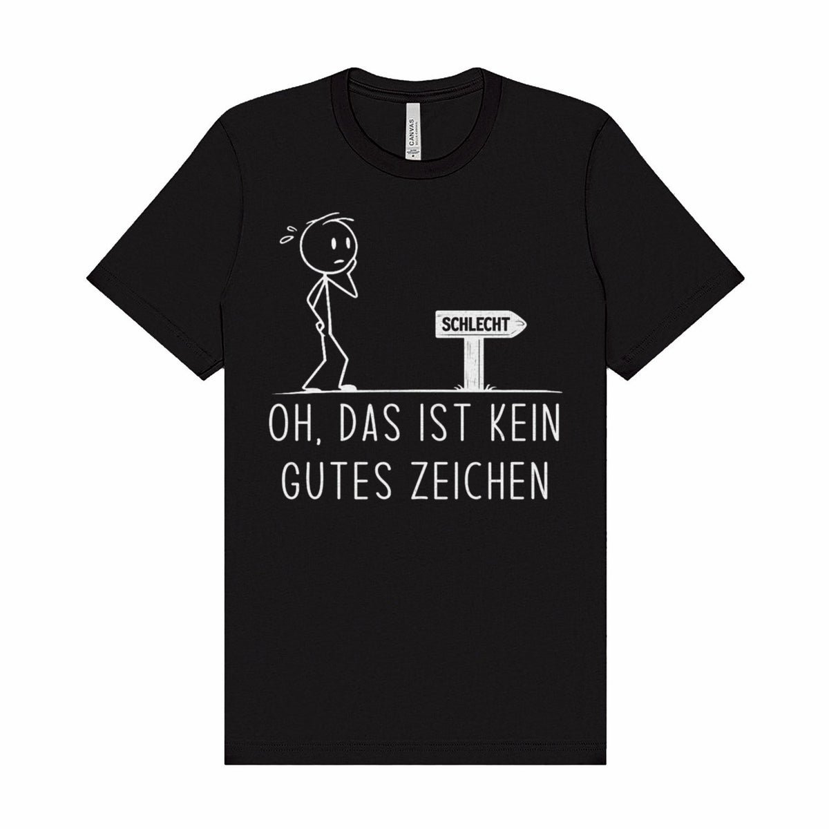 Schwarzes wortrebell T-Shirt mit Spruch „Oh, das ist kein gutes Zeichen“ – Strichmännchen neben einem Wegweiser