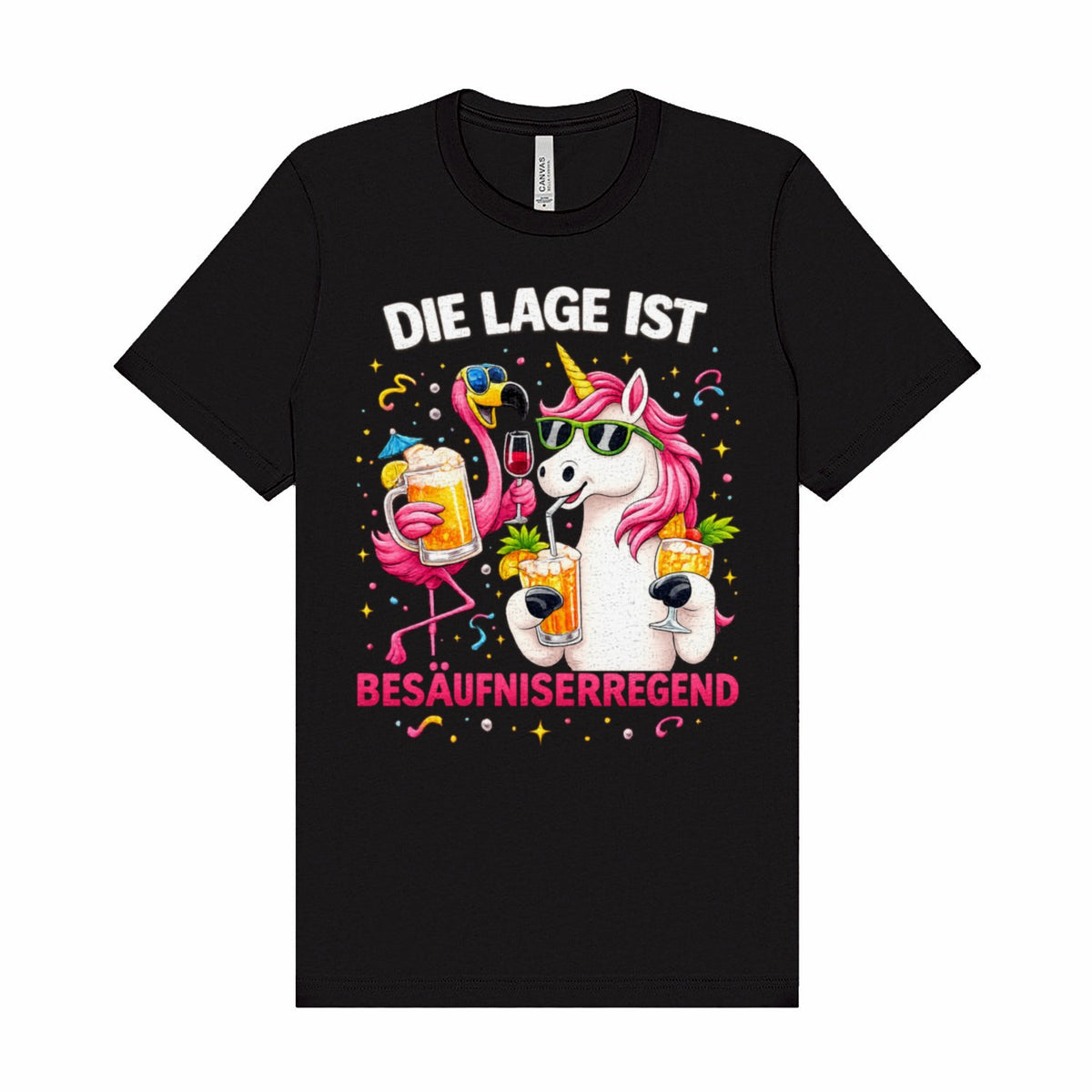 Schwarzes wortrebell T-Shirt mit Spruch „Die Lage ist besäufniserregend“ – buntes Einhorn mit Partygetränken