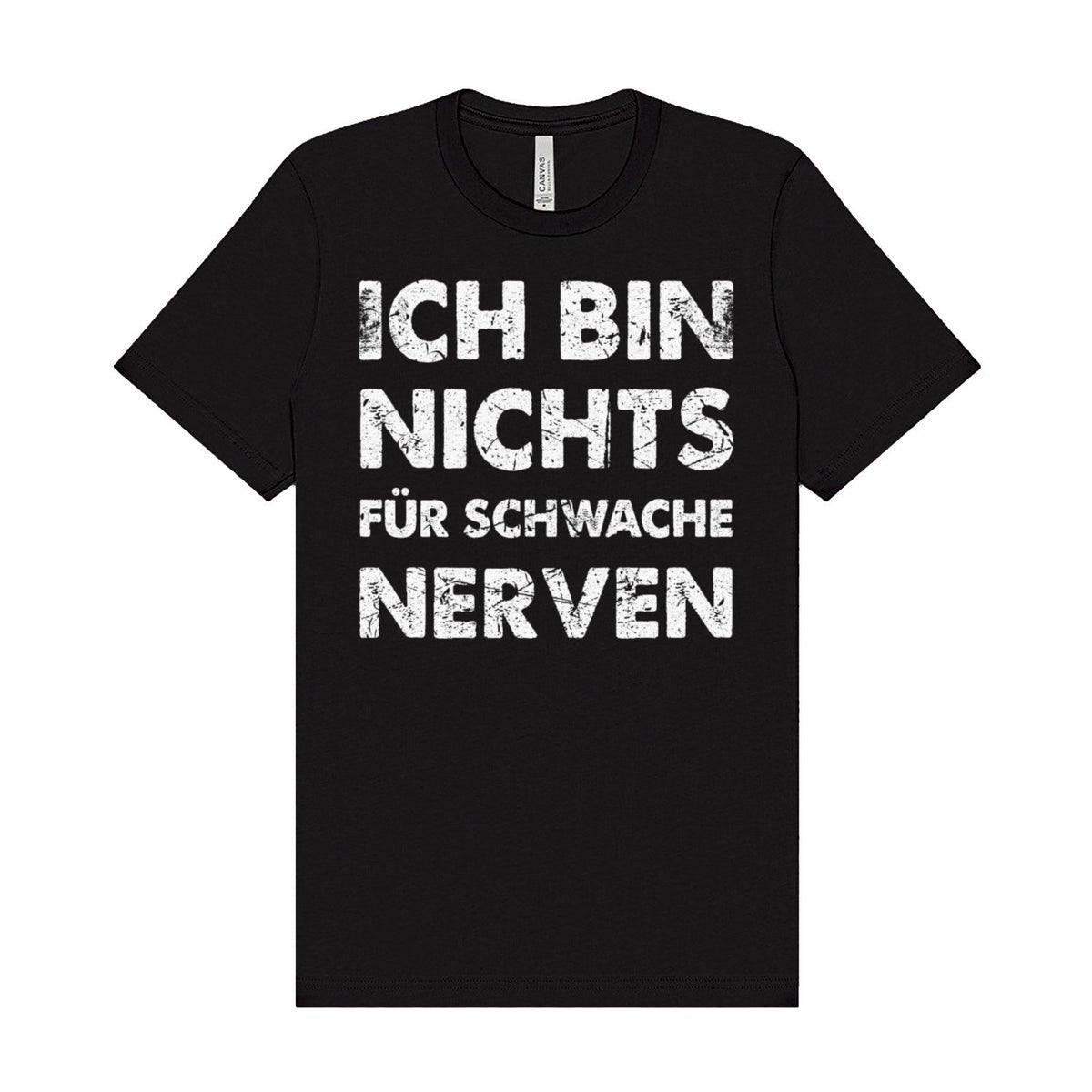 Schwarzes wortrebell T-Shirt mit Spruch „Ich bin nichts für schwache Nerven“ in weißer Blockschrift