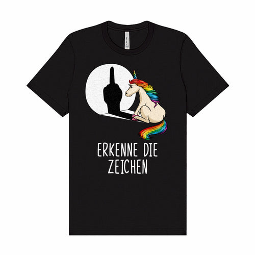 Schwarzes wortrebell T-Shirt mit Spruch „Erkenne die Zeichen“ – Einhorn neben einem Handschatten